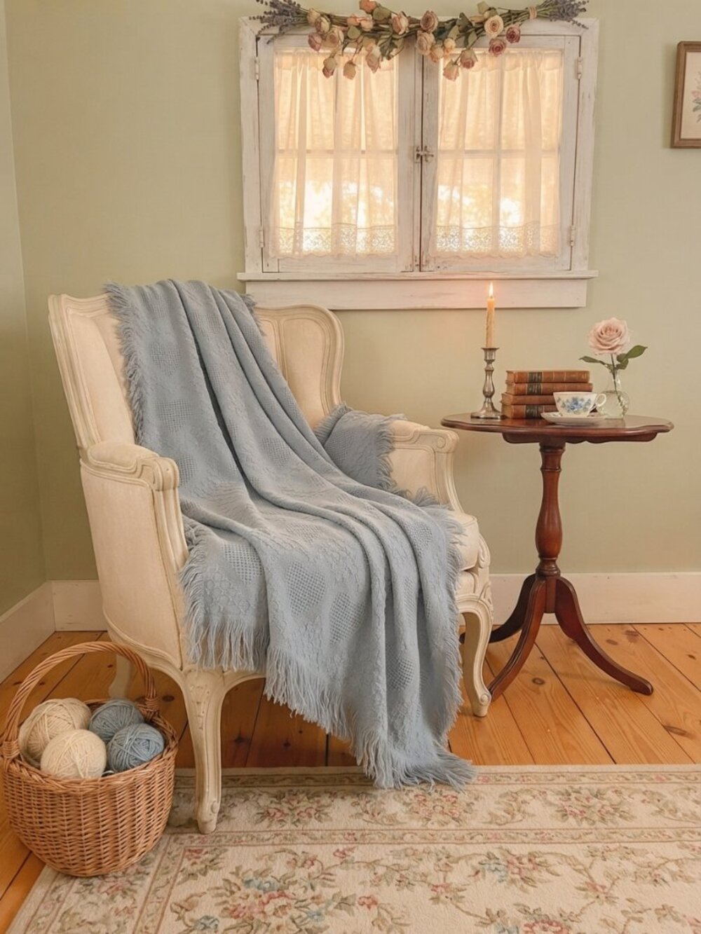 Vintage Cottage Dusty Blue Heart Pattern Fringe Throw Blanket